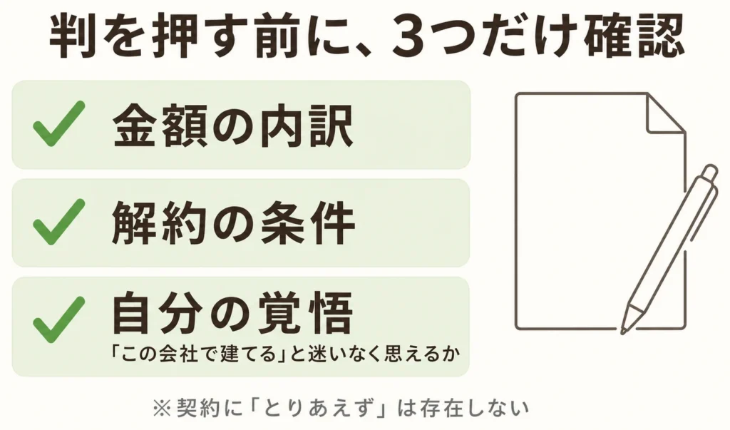 契約書に判を押す前に確認する3つのチェックリストの図解。金額の内訳、解約の条件、自分の覚悟（この会社で建てると迷いなく思えるか）。契約にとりあえずは存在しない