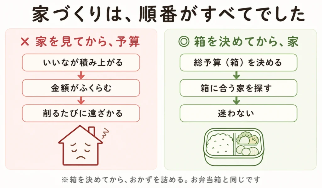 家づくりの順番の図解。家を見てから予算だと、いいなが積み上がり金額がふくらみ削るたびに遠ざかる。箱（総予算）を決めてから家を探せば迷わない。お弁当箱と同じ