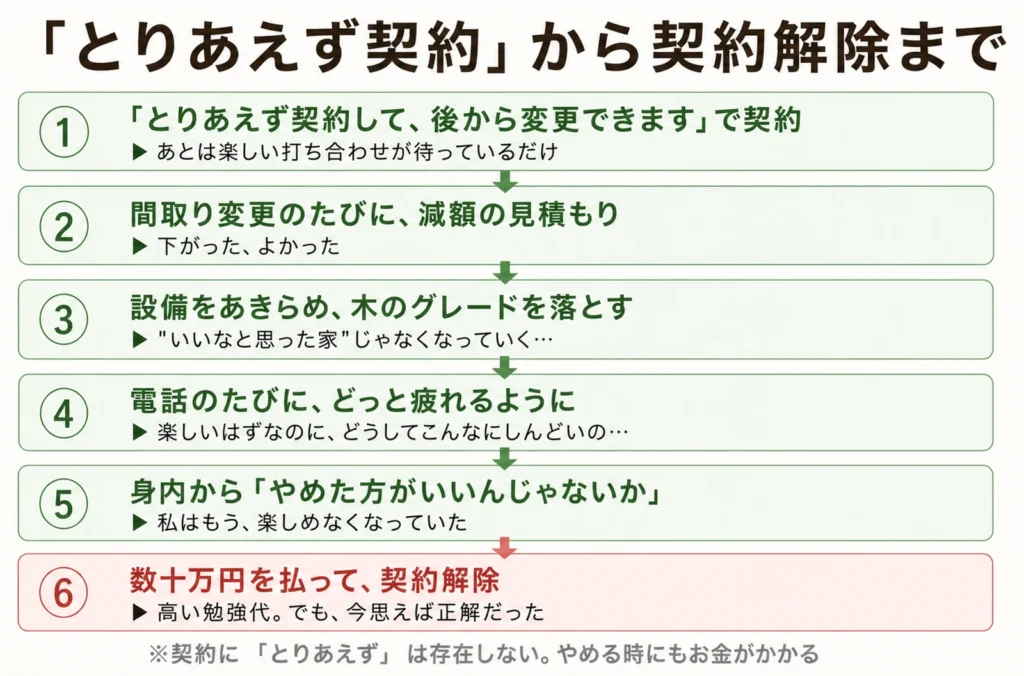 とりあえず契約から契約解除までの時系列の図解。とりあえず契約して後から変更できますで契約→間取り変更のたびに減額の見積もり→設備をあきらめ木のグレードを落とす→電話のたびにどっと疲れる→身内からやめた方がいいんじゃないか→数十万円を払って契約解除。高い勉強代だが今思えば正解だった