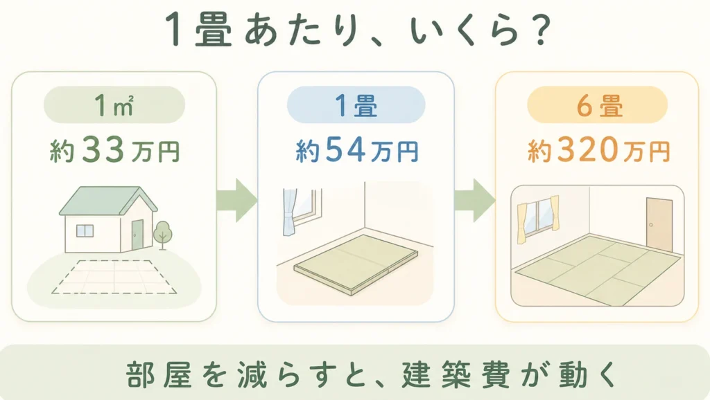 1畳あたりの建築費の図解：注文住宅の平均から計算すると1㎡は約33万円、1畳は約54万円、6畳の部屋なら約320万円。部屋を減らすと建築費が動く