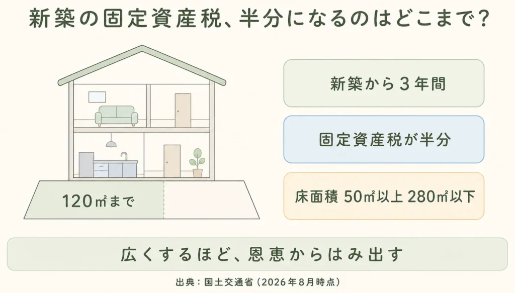 新築の固定資産税の減額措置の図解：新築から3年間、固定資産税が半分になる。対象は床面積50㎡以上280㎡以下で、半分になるのは120㎡までの部分。広くするほど恩恵からはみ出す