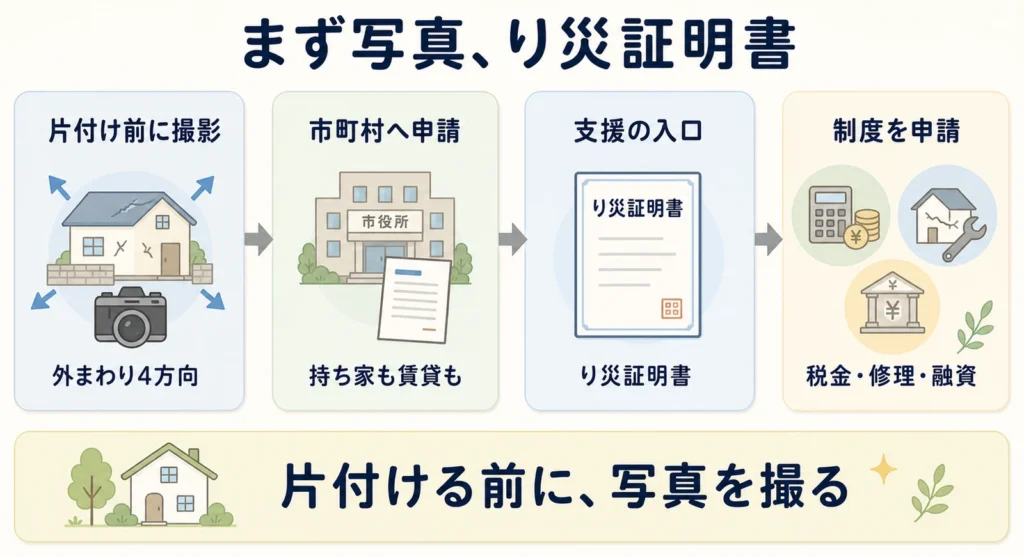 り災証明書までの流れの図解：片付け前に外まわり4方向を撮影、市町村へ申請、支援の入口のり災証明書をもらい、税金・修理・融資の制度を申請する