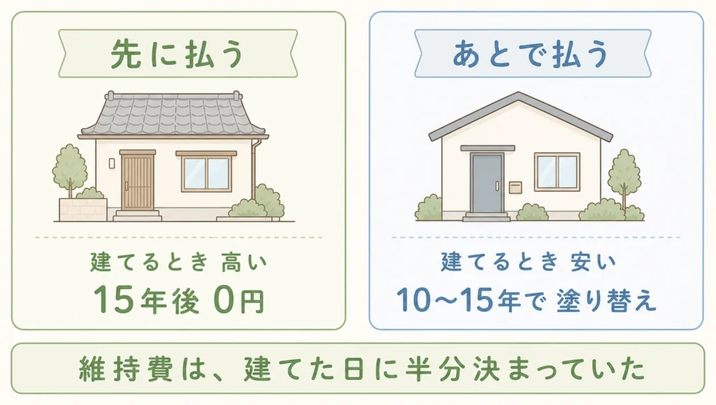 先に払うかあとで払うかの図解：瓦屋根の家は建てるとき高いが15年後0円、軽い屋根材の家は建てるとき安いが10〜15年で塗り替え。維持費は建てた日に半分決まっていた