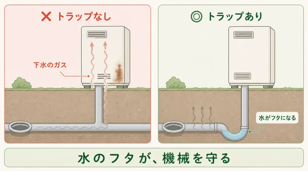 排水トラップの仕組みの図解：トラップなしだと下水のガスが機械まで上がって錆びさせる。トラップありだと水がフタになりガスを止める。水のフタが機械を守る