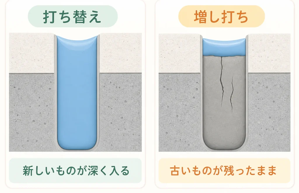 シーリングの打ち替えと増し打ちの断面の図解：打ち替えは新しいものが深く入る。増し打ちは古いものが残ったまま、新しい層は上に浅く乗るだけ