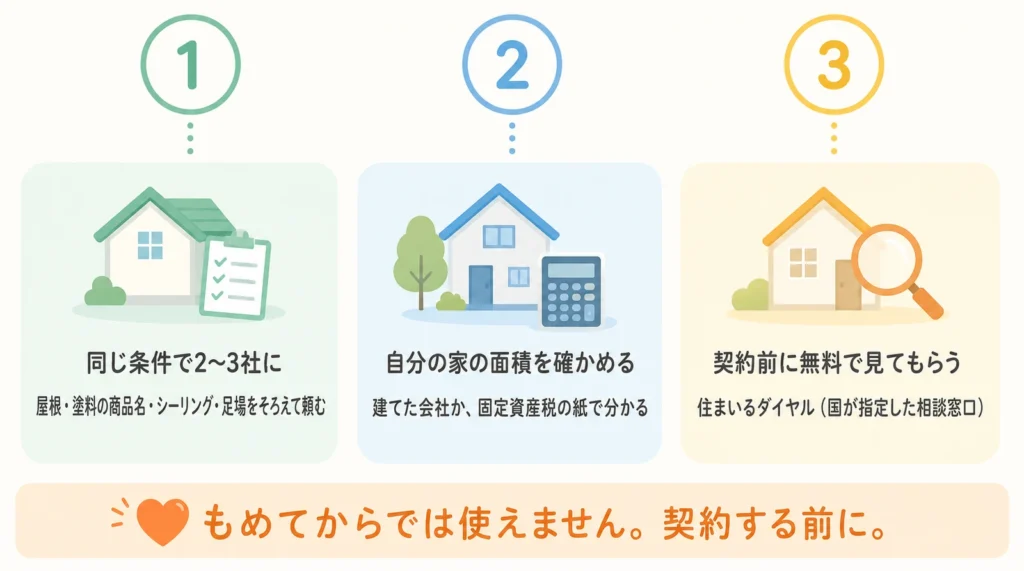 契約する前にやる3つのことの図解：1同じ条件で2〜3社に頼む、2自分の家の面積を確かめる、3契約前に住まいるダイヤルで無料で見てもらう。もめてからでは使えません