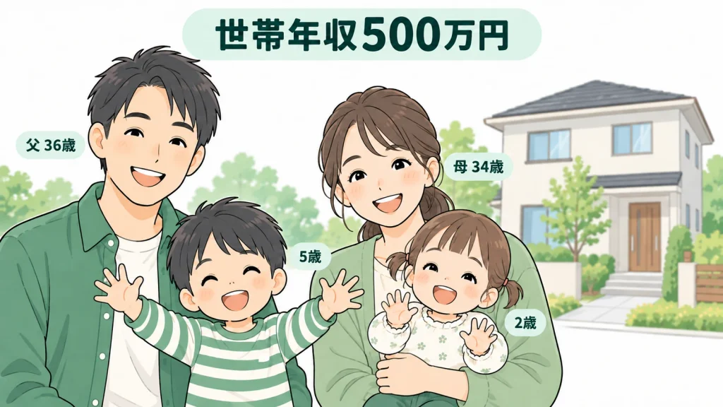 世帯年収500万円の家族のイラスト。父36歳・母34歳・5歳と2歳の子ども2人が笑顔で並び、後ろに小さな二階建ての家