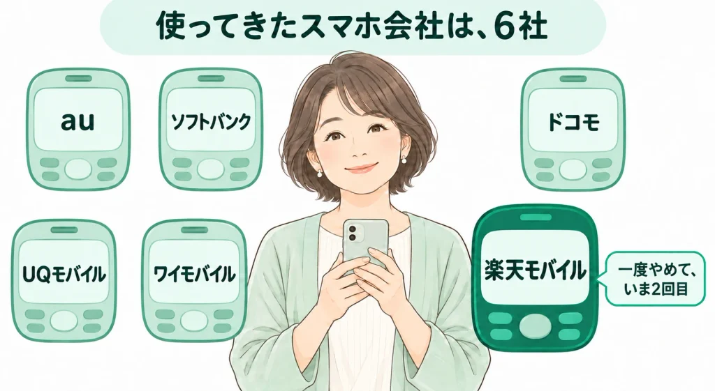 スマホを両手で持って笑う女性のまわりに、使ってきたスマホ会社6社の名前を書いた携帯電話のイラスト。au、ソフトバンク、ドコモ、UQモバイル、ワイモバイル、楽天モバイル。楽天モバイルだけ濃い緑で、「一度やめて、いま2回目」の吹き出し付き